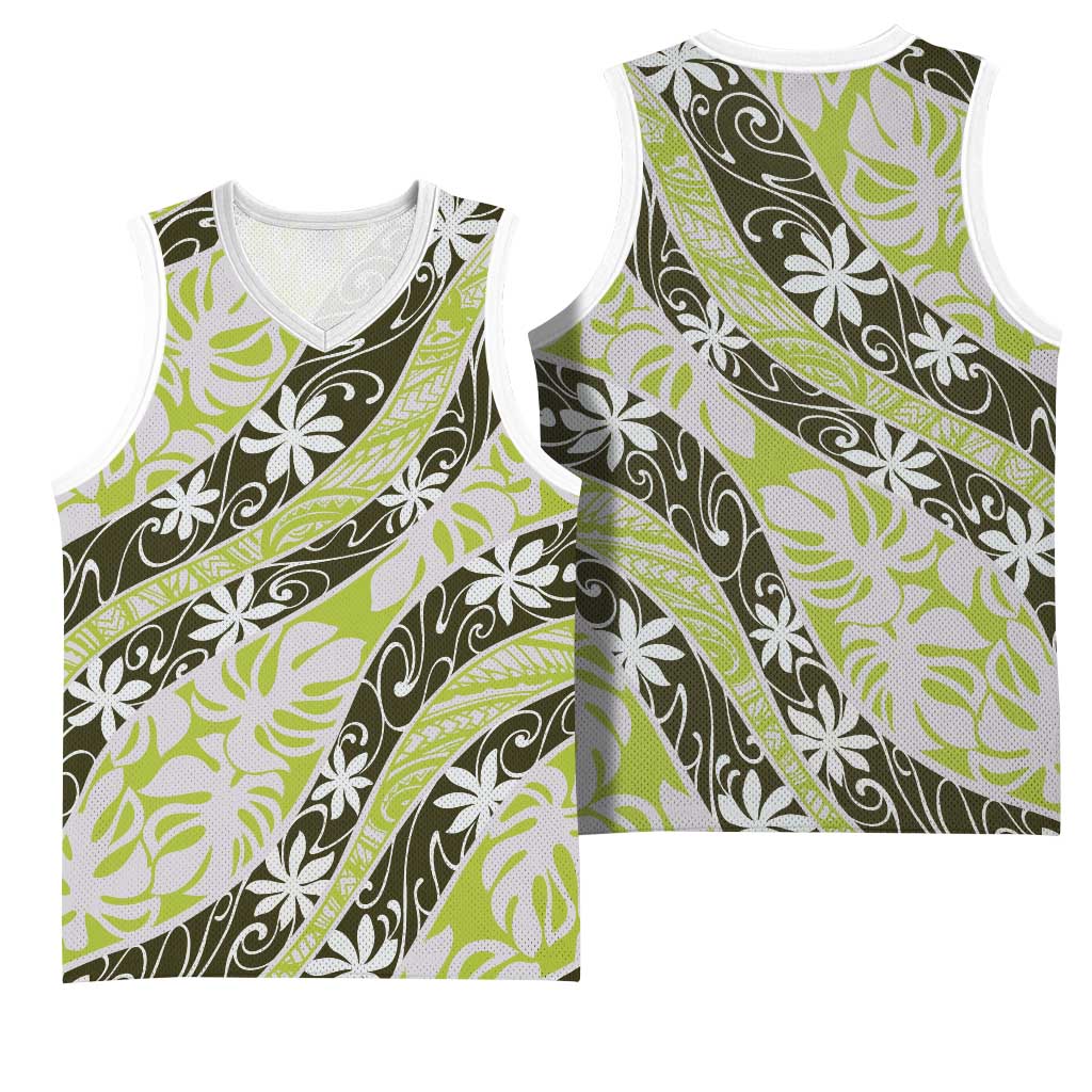 Olive Tahiti Tiare Monstera Basketball Jersey Polynesian Pattern Curve Style - Polynesian Pride