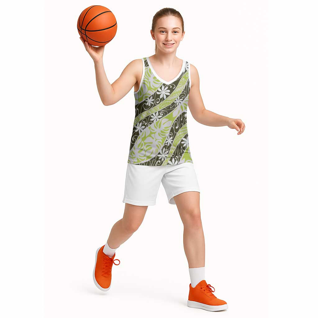 Olive Tahiti Tiare Monstera Basketball Jersey Polynesian Pattern Curve Style - Polynesian Pride