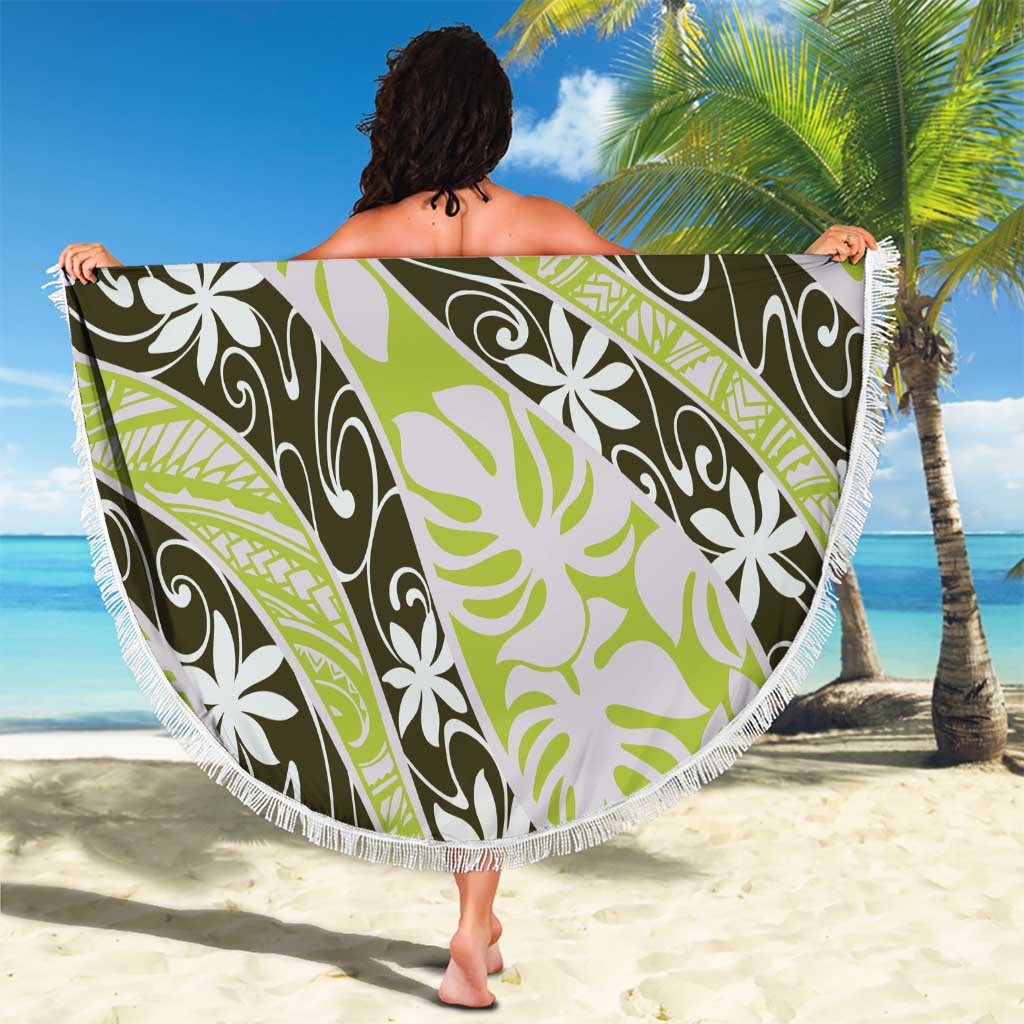 Olive Tahiti Tiare Monstera Beach Blanket Polynesian Pattern Curve Style - Polynesian Pride