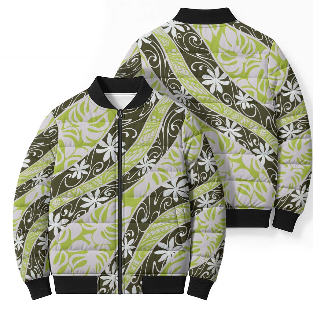 Olive Tahiti Tiare Monstera Bomber Puffer Jacket Polynesian Pattern Curve Style - Polynesian Pride