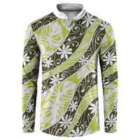 Olive Tahiti Tiare Monstera Button Sweatshirt Polynesian Pattern Curve Style - Polynesian Pride