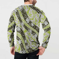 Olive Tahiti Tiare Monstera Button Sweatshirt Polynesian Pattern Curve Style - Polynesian Pride