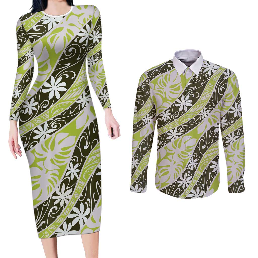 Olive Tahiti Tiare Monstera Couples Matching Long Sleeve Bodycon Dress and Long Sleeve Button Shirt Polynesian Pattern Curve Style - Polynesian Pride