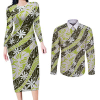 Olive Tahiti Tiare Monstera Couples Matching Long Sleeve Bodycon Dress and Long Sleeve Button Shirt Polynesian Pattern Curve Style - Polynesian Pride