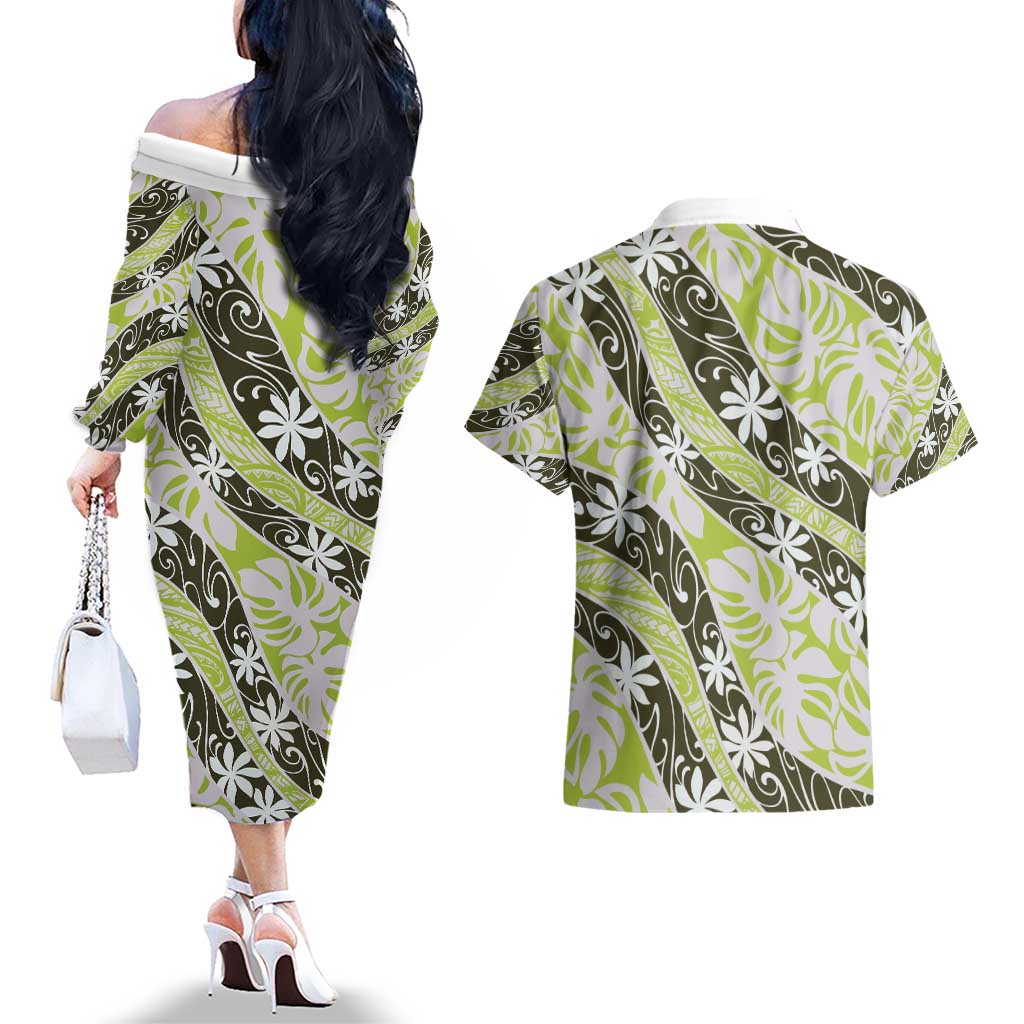 Olive Tahiti Tiare Monstera Couples Matching Off The Shoulder Long Sleeve Dress and Hawaiian Shirt Polynesian Pattern Curve Style - Polynesian Pride