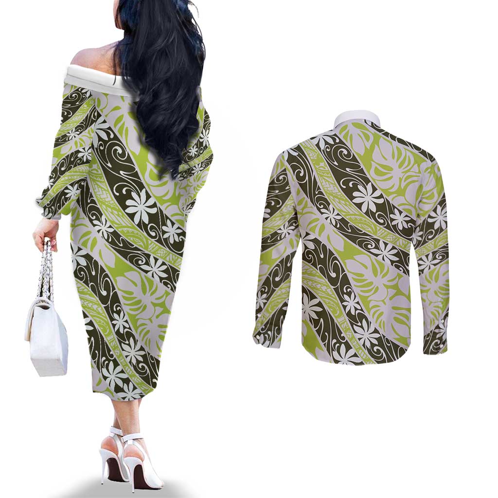 Olive Tahiti Tiare Monstera Couples Matching Off The Shoulder Long Sleeve Dress and Long Sleeve Button Shirt Polynesian Pattern Curve Style - Polynesian Pride