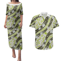 Olive Tahiti Tiare Monstera Couples Matching Puletasi and Hawaiian Shirt Polynesian Pattern Curve Style - Polynesian Pride