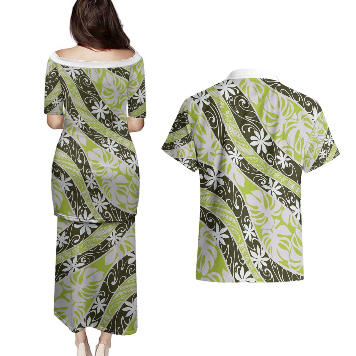 Olive Tahiti Tiare Monstera Couples Matching Puletasi and Hawaiian Shirt Polynesian Pattern Curve Style - Polynesian Pride