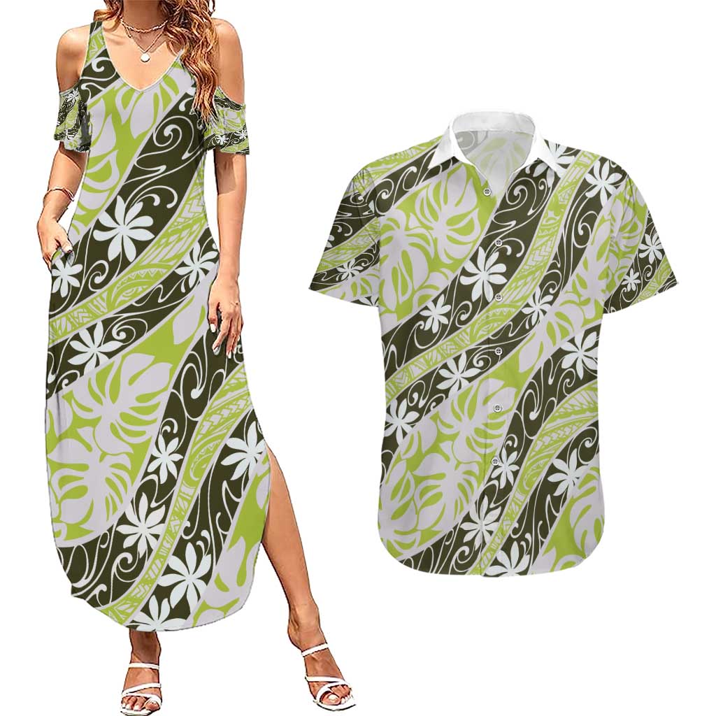 Olive Tahiti Tiare Monstera Couples Matching Summer Maxi Dress and Hawaiian Shirt Polynesian Pattern Curve Style - Polynesian Pride