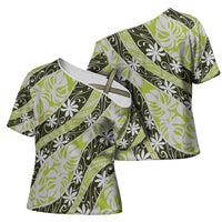 Olive Tahiti Tiare Monstera Cross Shoulder Shirt Polynesian Pattern Curve Style - Polynesian Pride