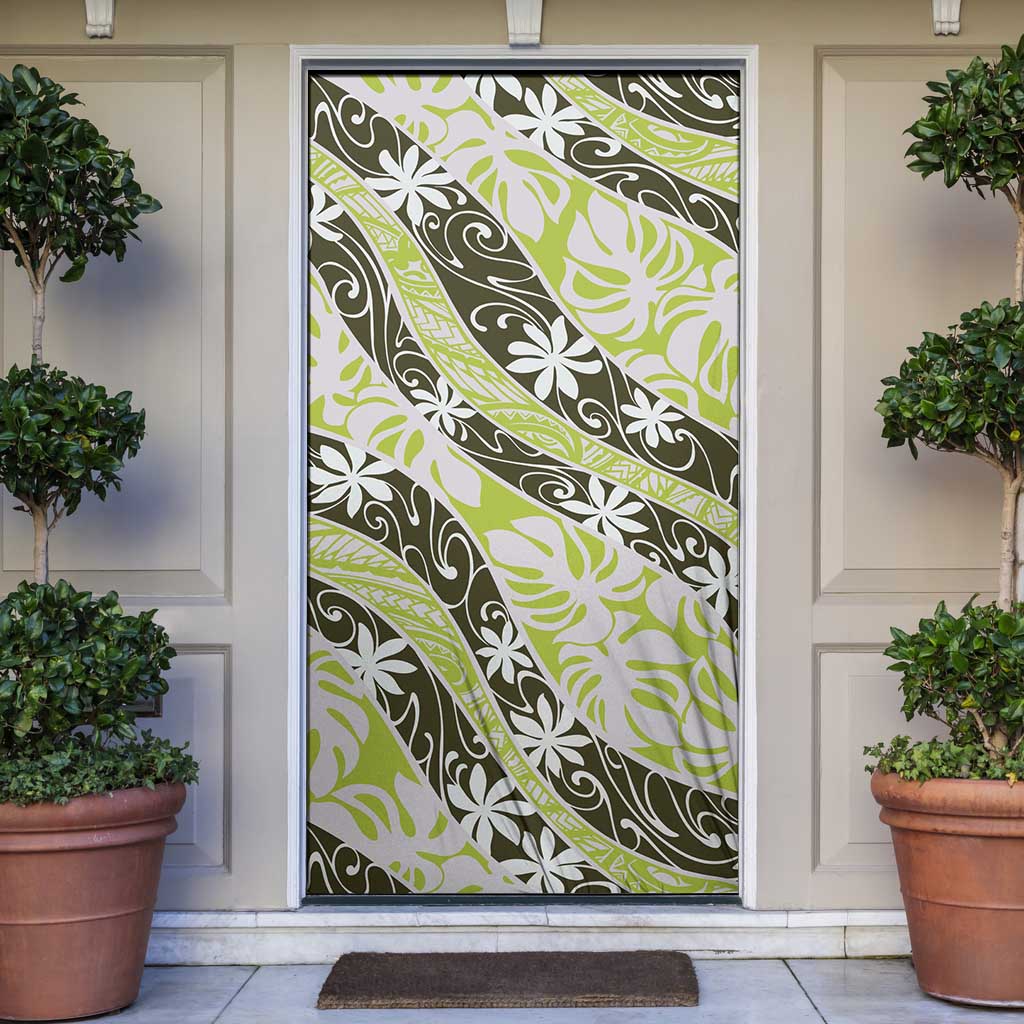 Olive Tahiti Tiare Monstera Door Cover Polynesian Pattern Curve Style - Polynesian Pride