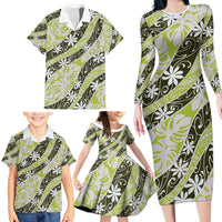 Olive Tahiti Tiare Monstera Family Matching Long Sleeve Bodycon Dress and Hawaiian Shirt Polynesian Pattern Curve Style - Polynesian Pride