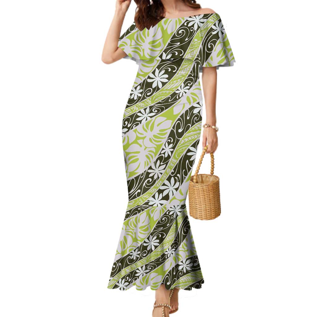 Olive Tahiti Tiare Monstera Family Matching Mermaid Dress and Hawaiian Shirt Polynesian Pattern Curve Style - Polynesian Pride