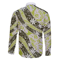 Olive Tahiti Tiare Monstera Family Matching Off The Shoulder Long Sleeve Dress and Hawaiian Shirt Polynesian Pattern Curve Style - Polynesian Pride