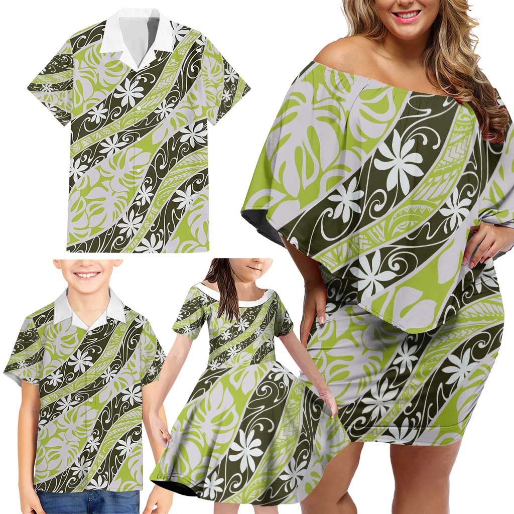 Olive Tahiti Tiare Monstera Family Matching Off Shoulder Short Dress and Hawaiian Shirt Polynesian Pattern Curve Style - Polynesian Pride