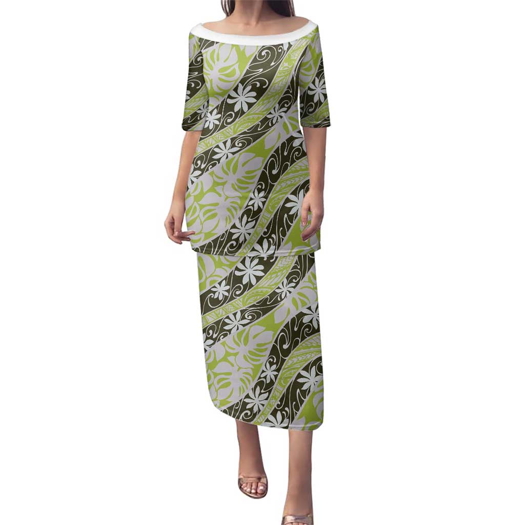Olive Tahiti Tiare Monstera Family Matching Puletasi and Hawaiian Shirt Polynesian Pattern Curve Style - Polynesian Pride