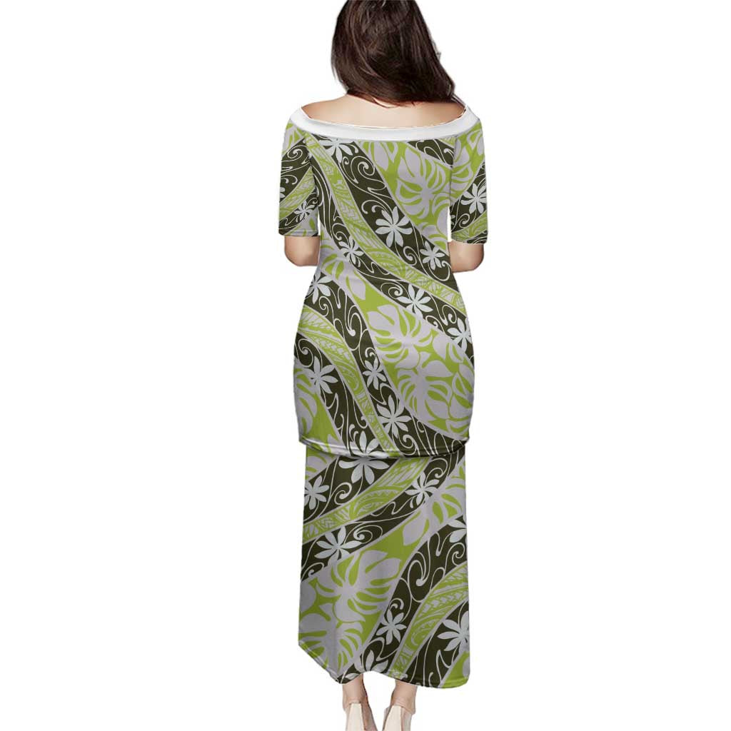 Olive Tahiti Tiare Monstera Family Matching Puletasi and Hawaiian Shirt Polynesian Pattern Curve Style - Polynesian Pride