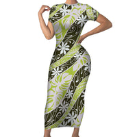 Olive Tahiti Tiare Monstera Family Matching Short Sleeve Bodycon Dress and Hawaiian Shirt Polynesian Pattern Curve Style - Polynesian Pride