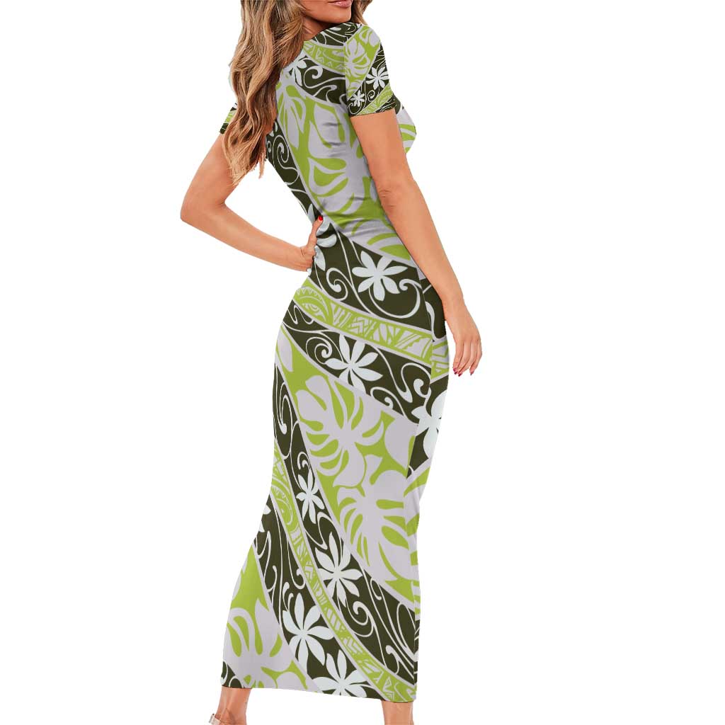 Olive Tahiti Tiare Monstera Family Matching Short Sleeve Bodycon Dress and Hawaiian Shirt Polynesian Pattern Curve Style - Polynesian Pride
