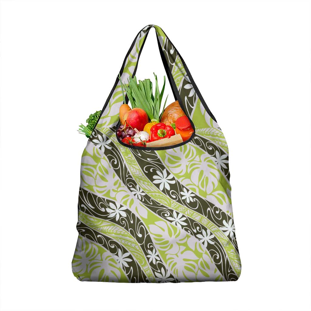 Olive Tahiti Tiare Monstera Grocery Bag Polynesian Pattern Curve Style - Polynesian Pride