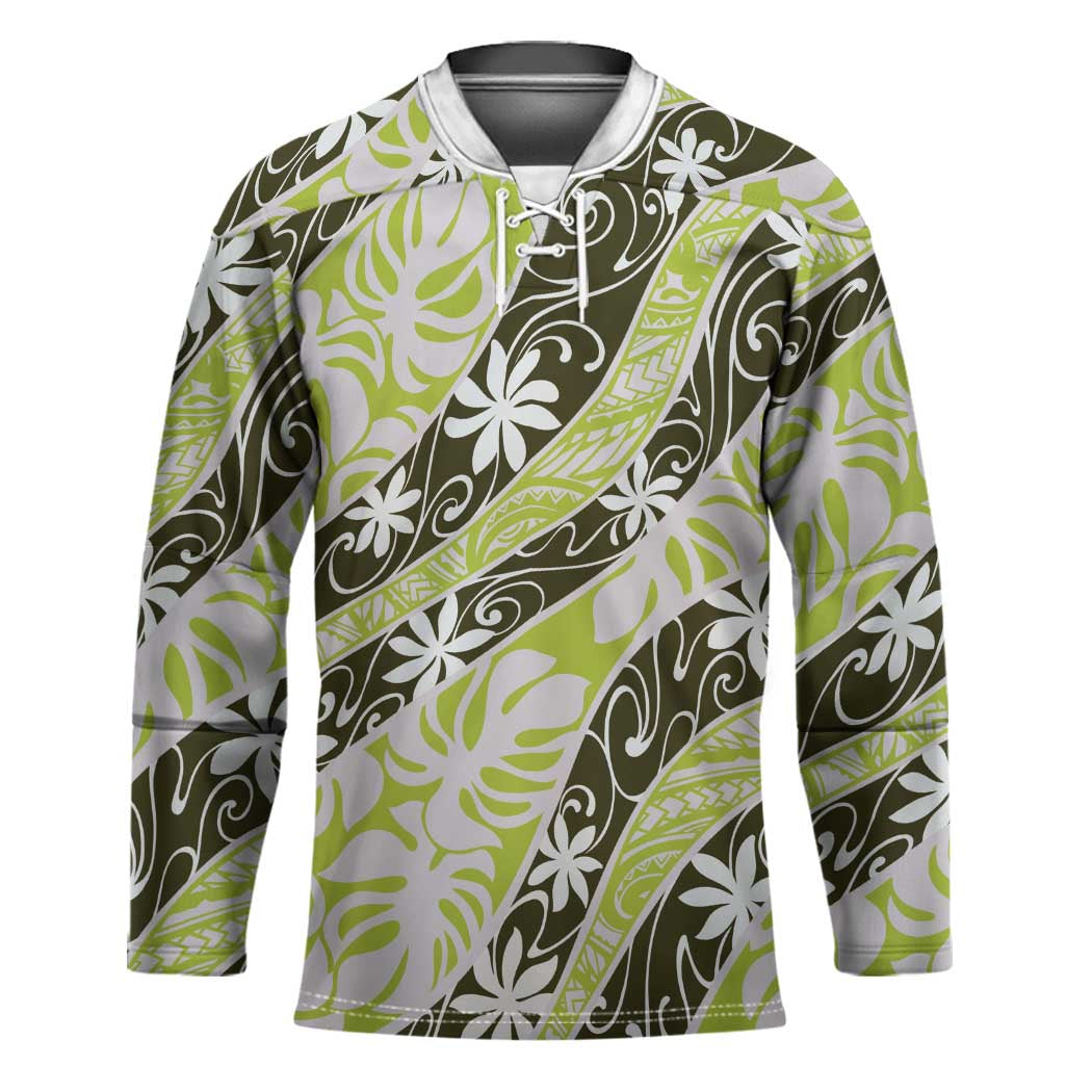 Olive Tahiti Tiare Monstera Hockey Jersey Polynesian Pattern Curve Style - Polynesian Pride