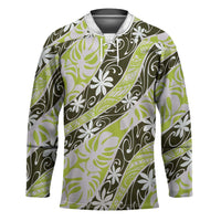 Olive Tahiti Tiare Monstera Hockey Jersey Polynesian Pattern Curve Style - Polynesian Pride