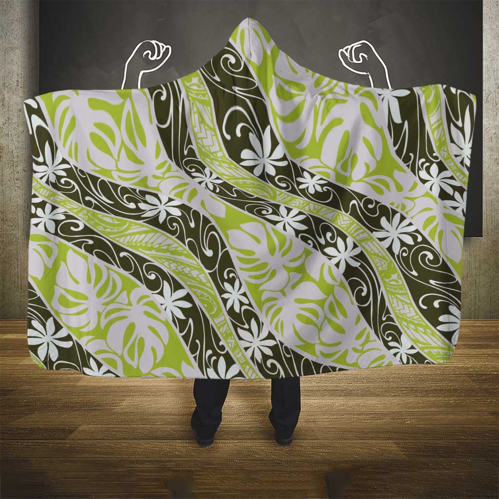 Olive Tahiti Tiare Monstera Hooded Blanket Polynesian Pattern Curve Style - Polynesian Pride