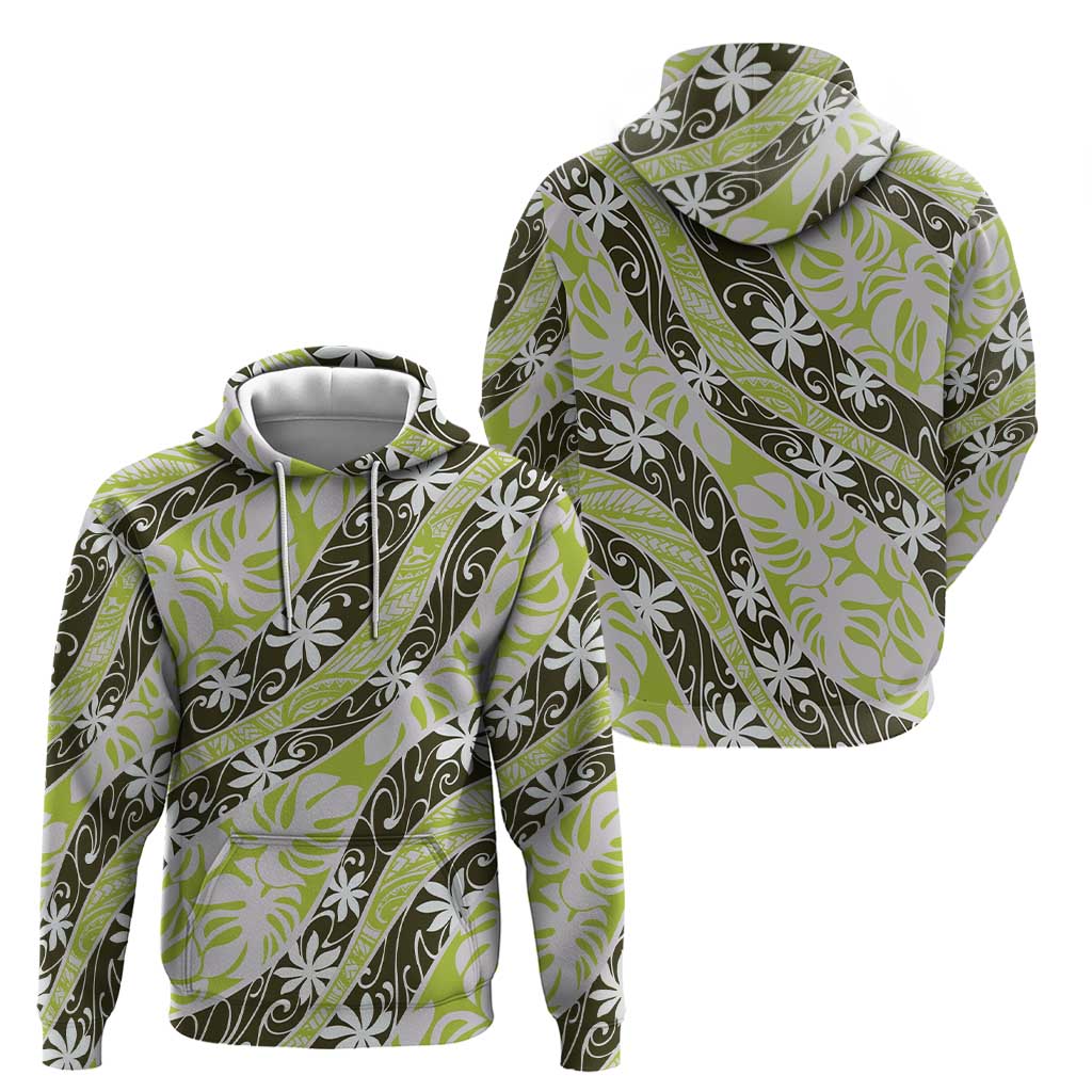 Olive Tahiti Tiare Monstera Hoodie Polynesian Pattern Curve Style - Polynesian Pride