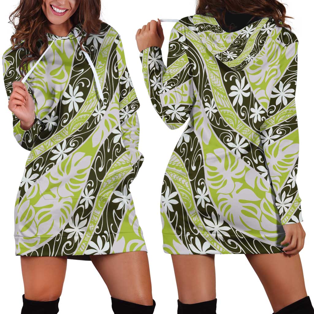 Olive Tahiti Tiare Monstera Hoodie Dress Polynesian Pattern Curve Style - Polynesian Pride