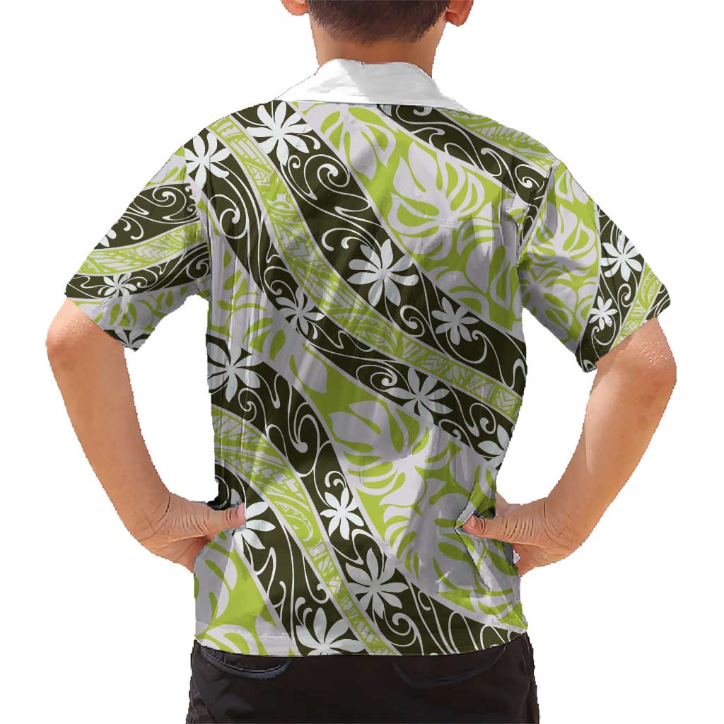 Olive Tahiti Tiare Monstera Kid Hawaiian Shirt Polynesian Pattern Curve Style - Polynesian Pride