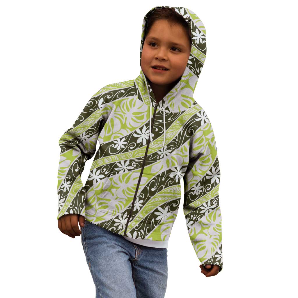 Olive Tahiti Tiare Monstera Kid Hoodie Polynesian Pattern Curve Style - Polynesian Pride