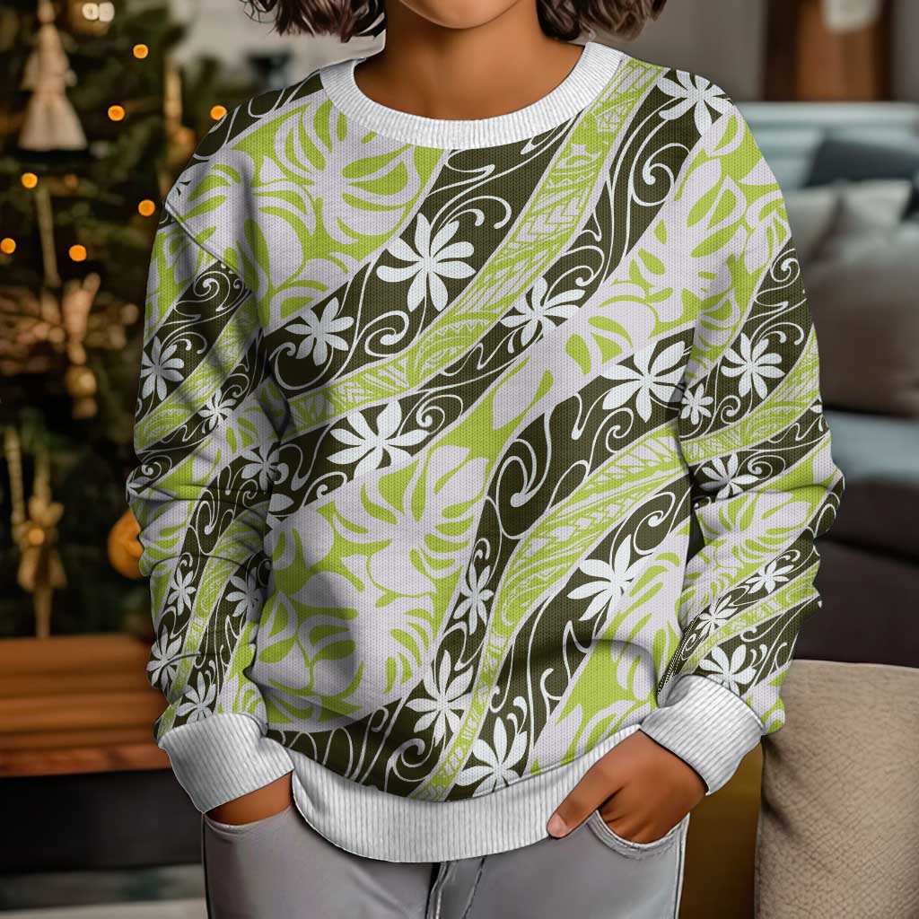 Olive Tahiti Tiare Monstera Kid Ugly Christmas Sweater Polynesian Pattern Curve Style - Polynesian Pride