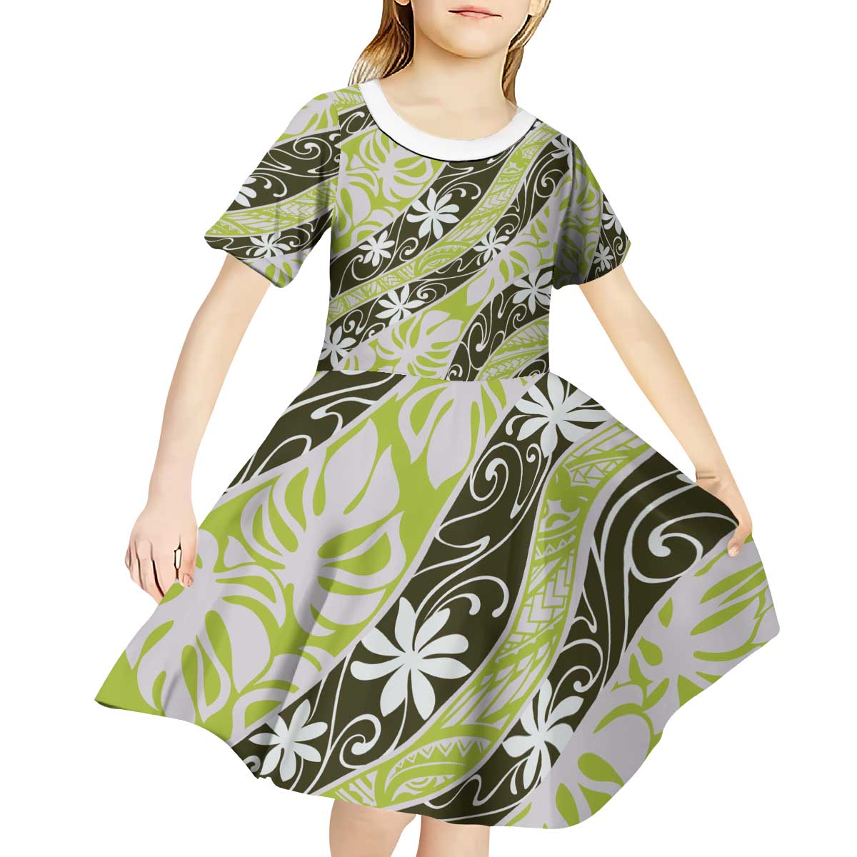 Olive Tahiti Tiare Monstera Kid Short Sleeve Dress Polynesian Pattern Curve Style - Polynesian Pride