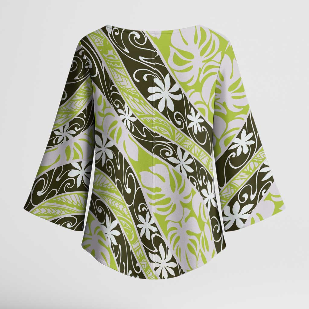Olive Tahiti Tiare Monstera Kimono Sleeve Blouse Polynesian Pattern Curve Style - Polynesian Pride