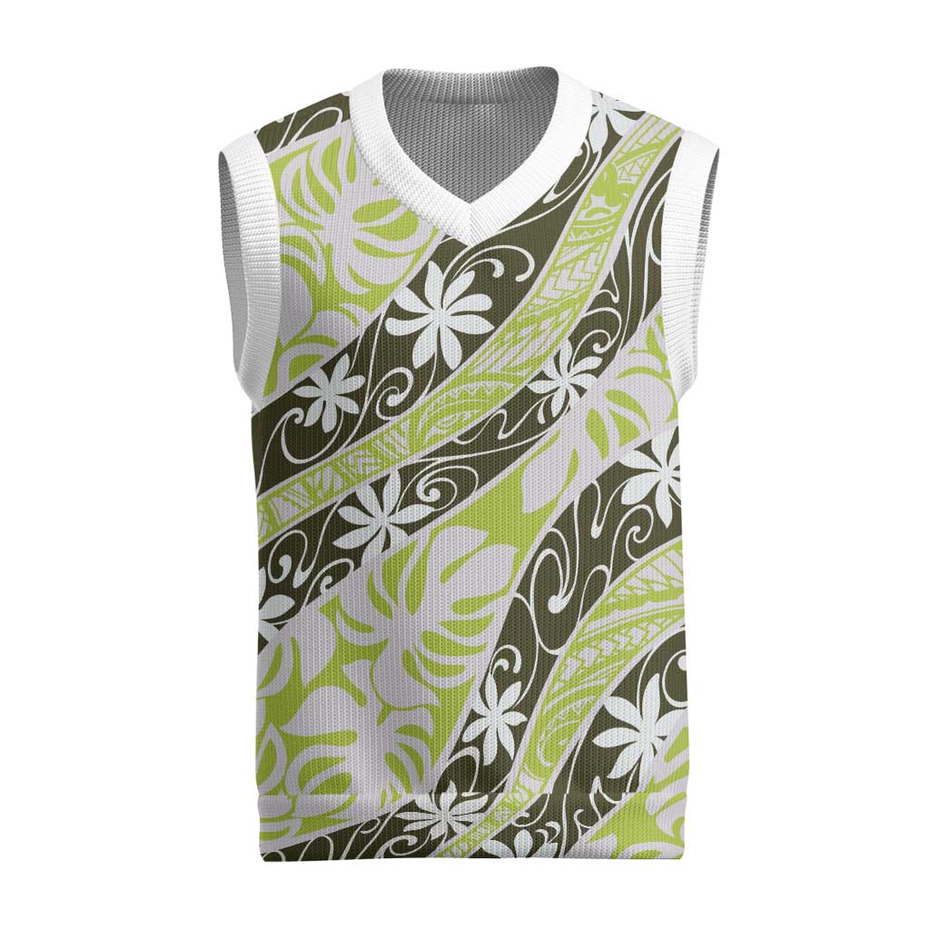 Olive Tahiti Tiare Monstera Christmas Knitted V-Neck Vest Polynesian Pattern Curve Style - Polynesian Pride