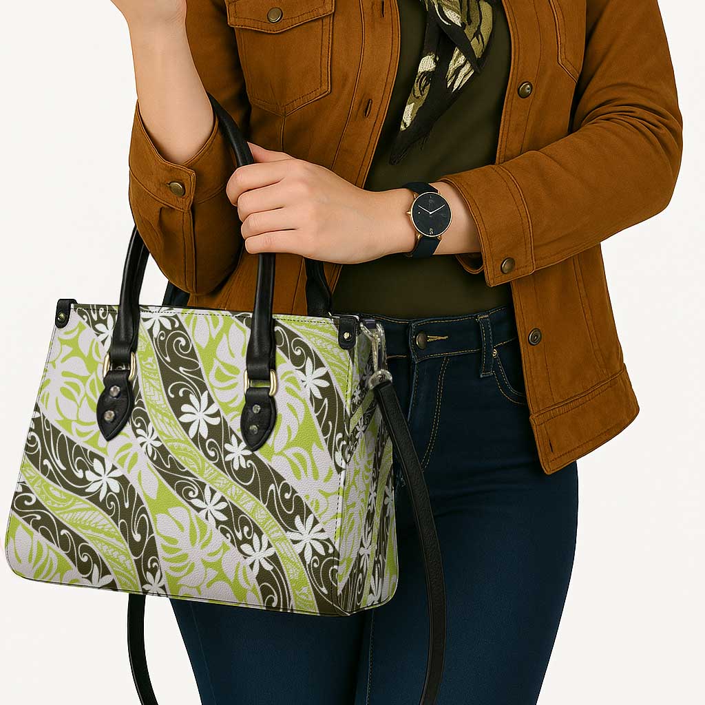 Olive Tahiti Tiare Monstera Leather Bag Polynesian Pattern Curve Style - Polynesian Pride