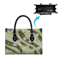Olive Tahiti Tiare Monstera Leather Bag Polynesian Pattern Curve Style - Polynesian Pride