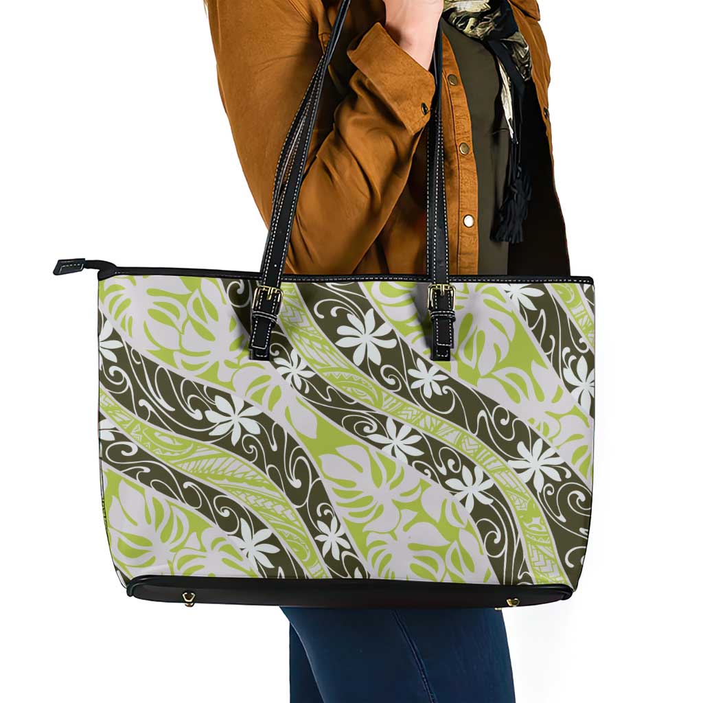 Olive Tahiti Tiare Monstera Leather Tote Bag Polynesian Pattern Curve Style - Polynesian Pride