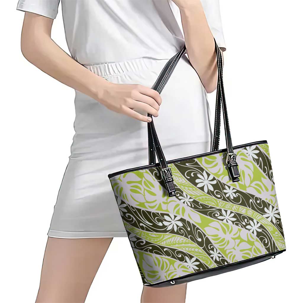 Olive Tahiti Tiare Monstera Leather Tote Bag Polynesian Pattern Curve Style - Polynesian Pride