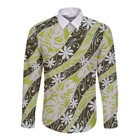 Olive Tahiti Tiare Monstera Long Sleeve Button Shirt Polynesian Pattern Curve Style - Polynesian Pride