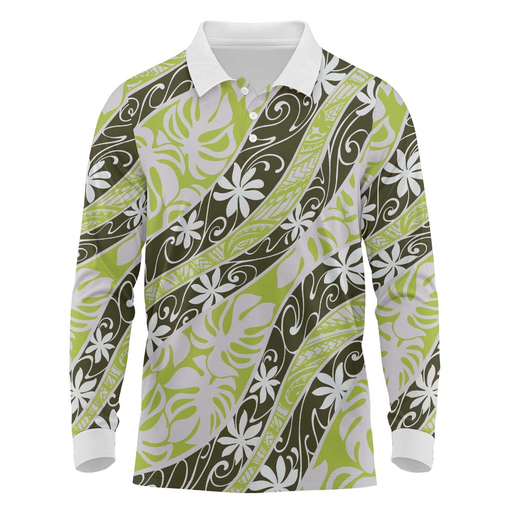 Olive Tahiti Tiare Monstera Long Sleeve Polo Shirt Polynesian Pattern Curve Style - Polynesian Pride