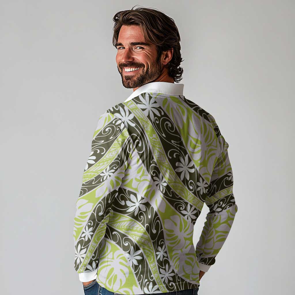 Olive Tahiti Tiare Monstera Long Sleeve Polo Shirt Polynesian Pattern Curve Style - Polynesian Pride