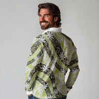 Olive Tahiti Tiare Monstera Long Sleeve Polo Shirt Polynesian Pattern Curve Style - Polynesian Pride