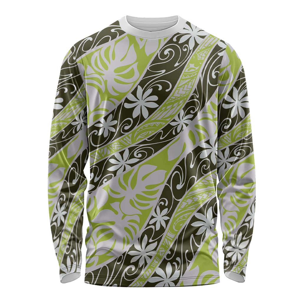 Olive Tahiti Tiare Monstera Long Sleeve Shirt Polynesian Pattern Curve Style - Polynesian Pride