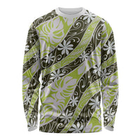 Olive Tahiti Tiare Monstera Long Sleeve Shirt Polynesian Pattern Curve Style - Polynesian Pride