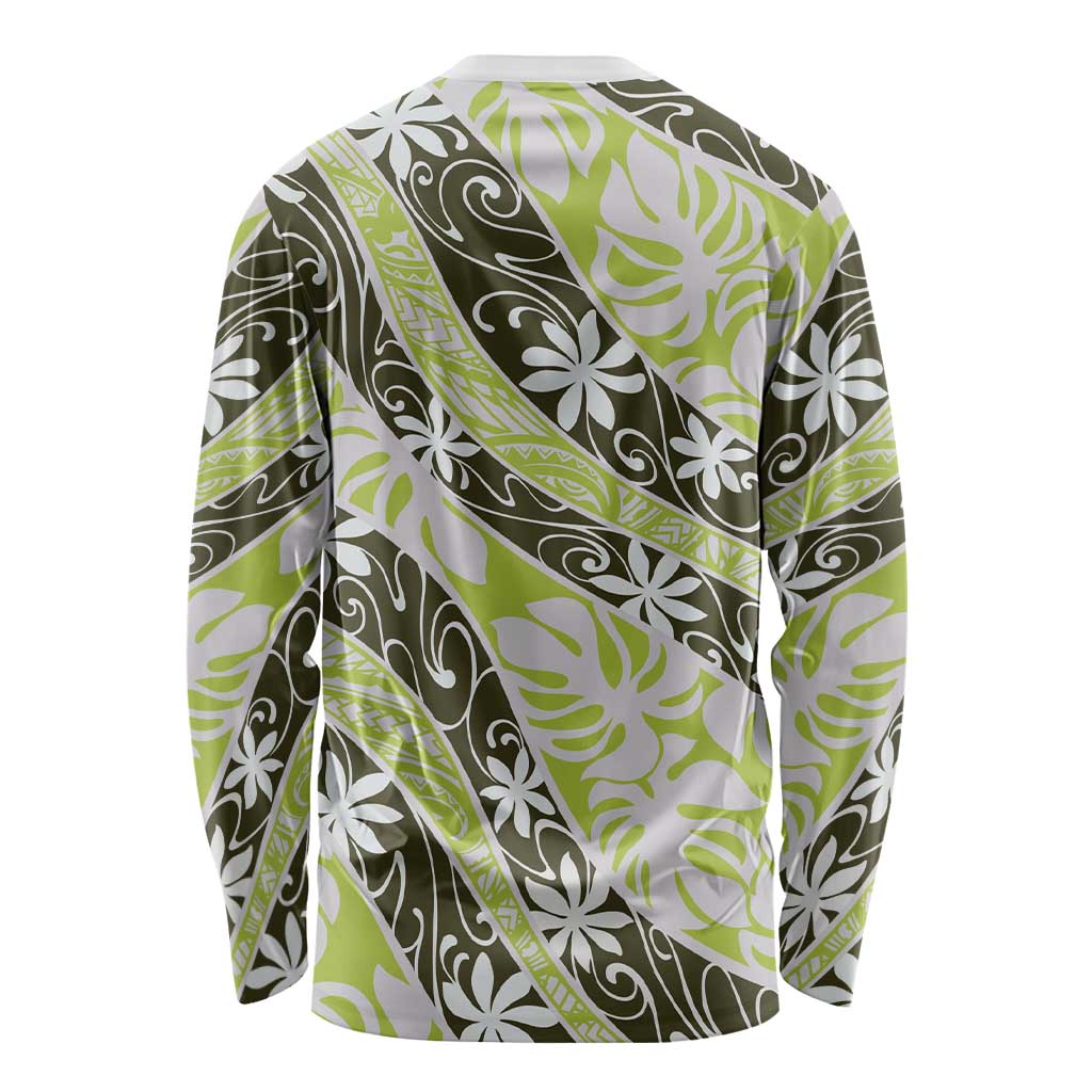 Olive Tahiti Tiare Monstera Long Sleeve Shirt Polynesian Pattern Curve Style - Polynesian Pride