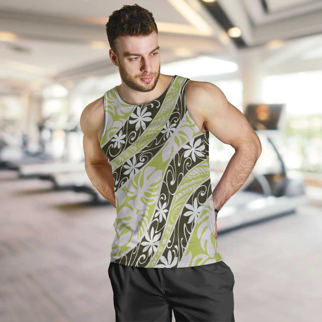 Olive Tahiti Tiare Monstera Men Tank Top Polynesian Pattern Curve Style - Polynesian Pride