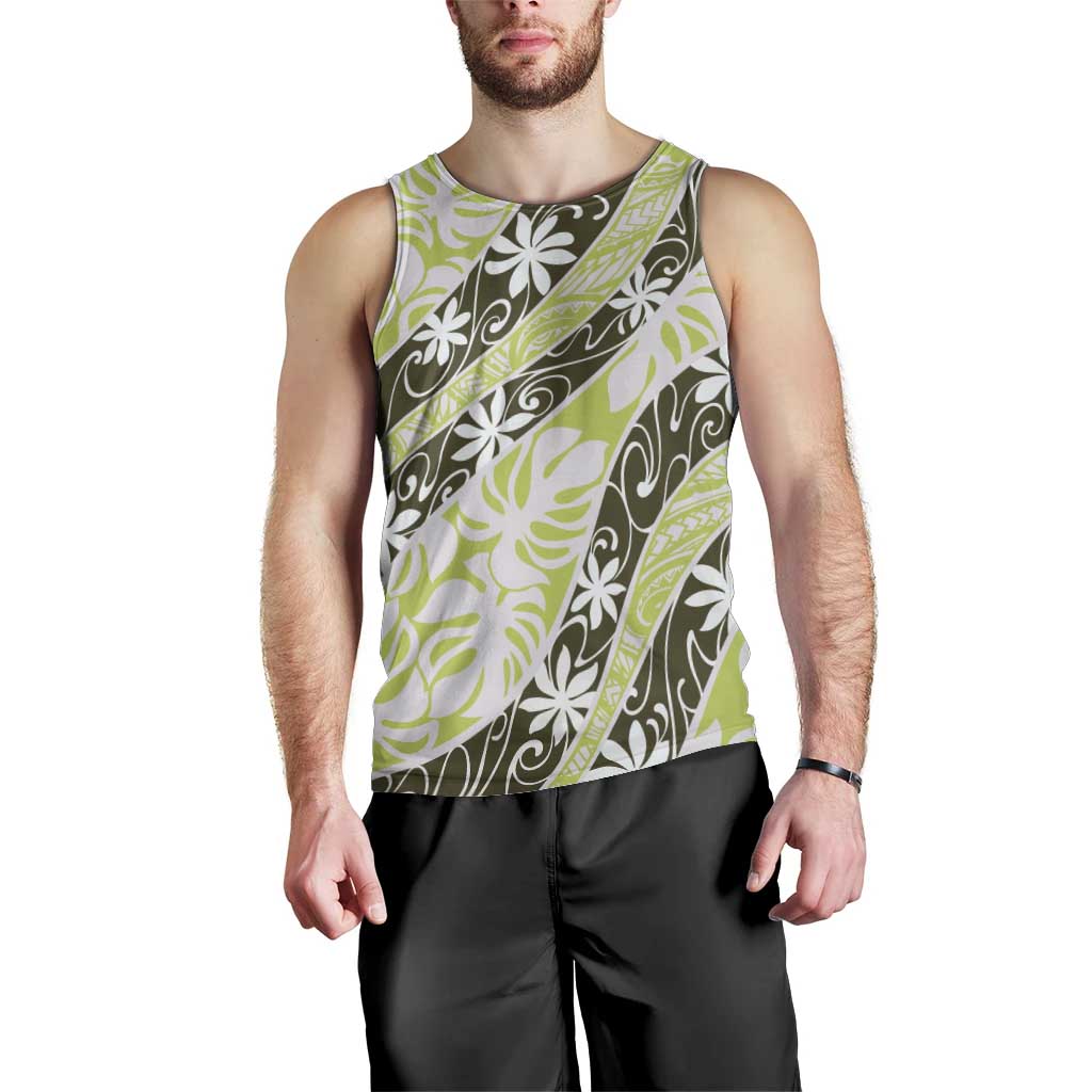 Olive Tahiti Tiare Monstera Men Tank Top Polynesian Pattern Curve Style - Polynesian Pride