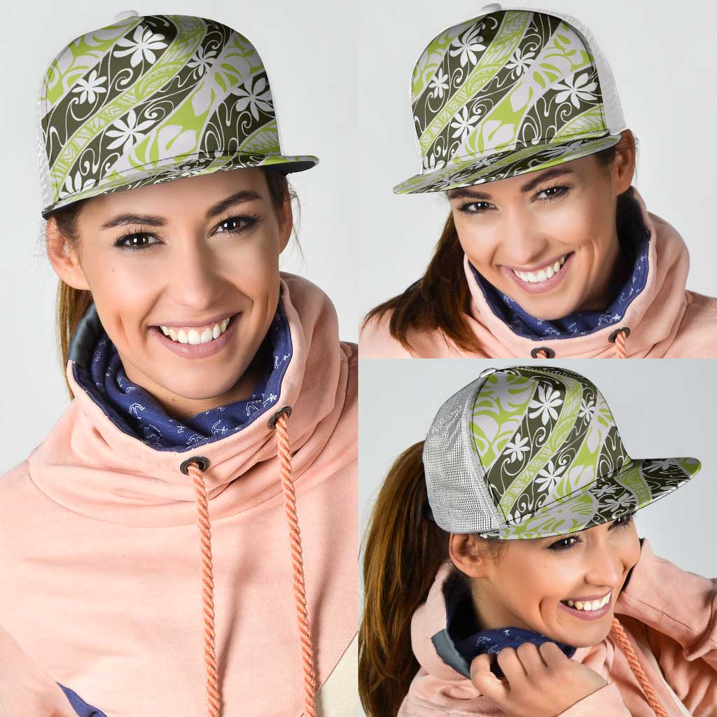 Olive Tahiti Tiare Monstera Mesh Trucker Cap Polynesian Pattern Curve Style - Polynesian Pride