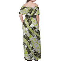 Olive Tahiti Tiare Monstera Off Shoulder Maxi Dress Polynesian Pattern Curve Style - Polynesian Pride